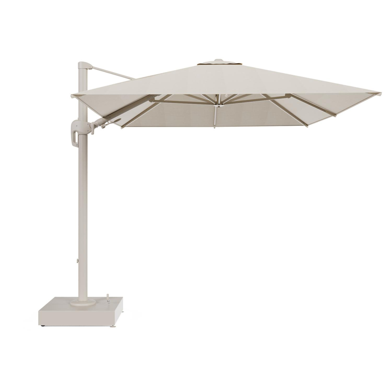 Rufina zweefparasol met tiltfunctie in beige aluminium en beige All Weather Sunbrella® Premium parasoldoek - L1 350 x L2 250 cm met parasolvoet Minore 150 kg met wielen