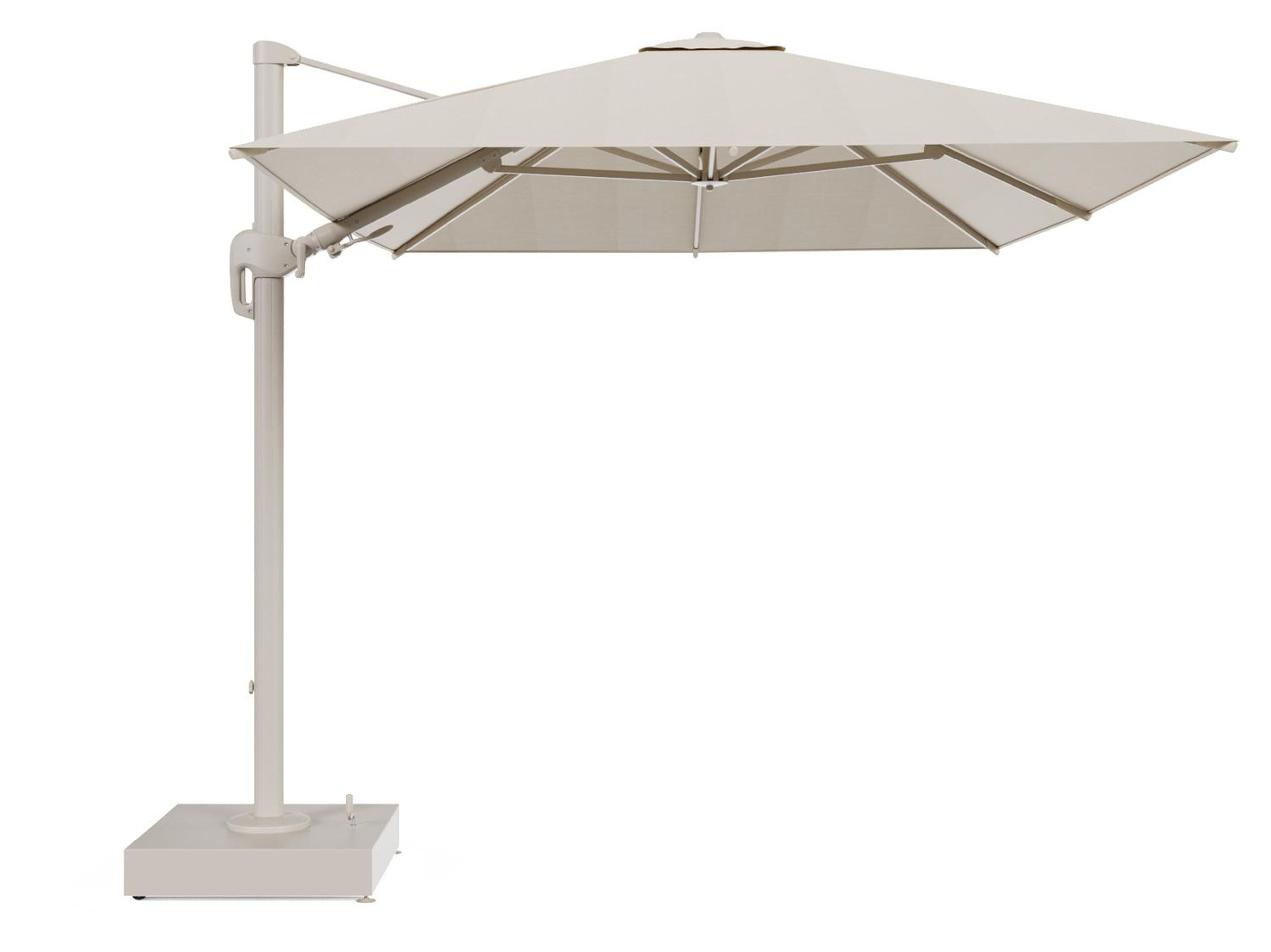 Rufina zweefparasol met tiltfunctie in beige aluminium en beige All Weather Sunbrella® Premium parasoldoek - L1 350 x L2 250 cm met parasolvoet Minore 150 kg met wielen