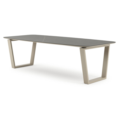 Table de jardin Pagino forme de bateau en aluminium beige et céramique pleine Calatorao - Lg. 255 x Lrg. 115 x Haut. 73 cm