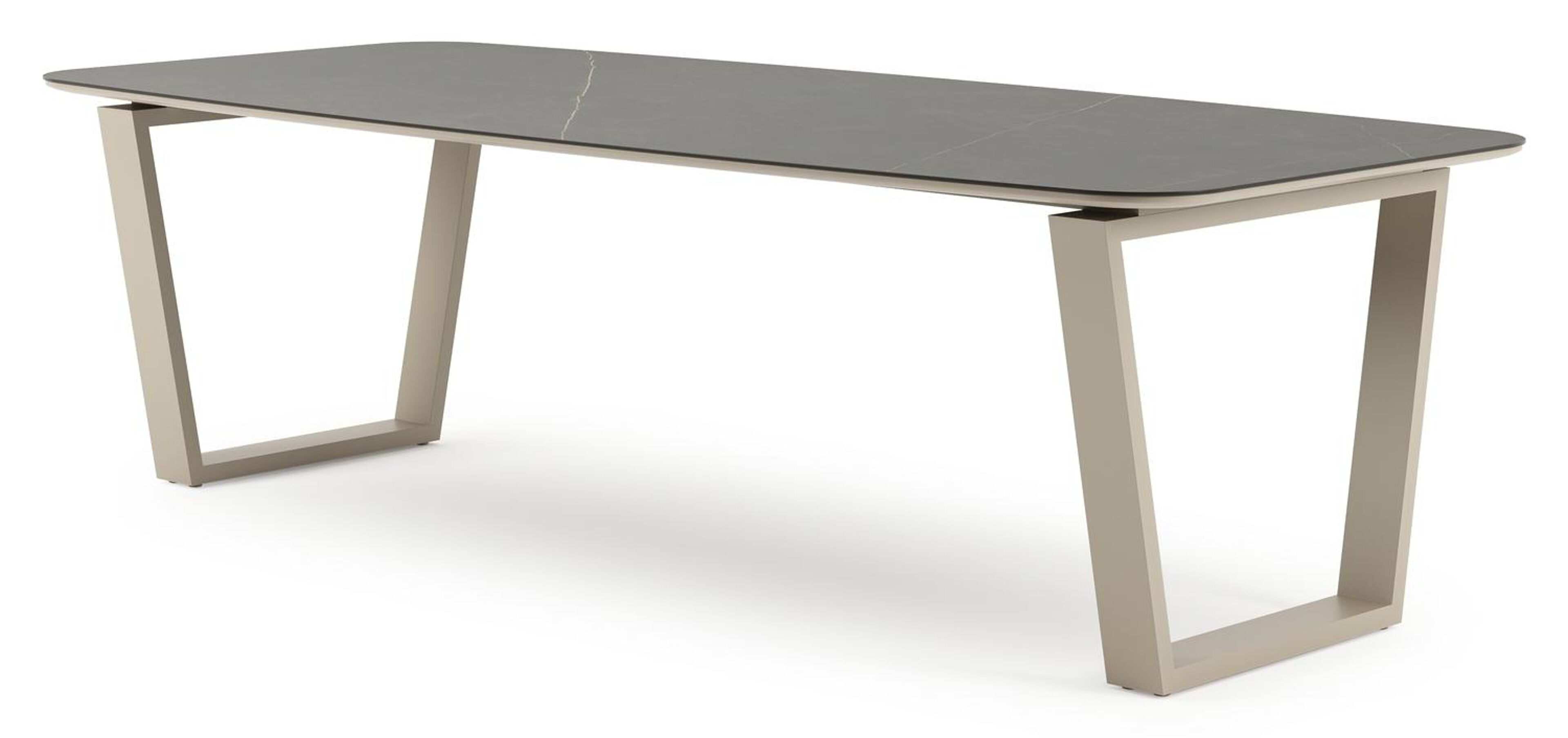 Table de jardin Pagino forme de bateau en aluminium beige et céramique pleine Calatorao - Lg. 255 x Lrg. 115 x Haut. 73 cm