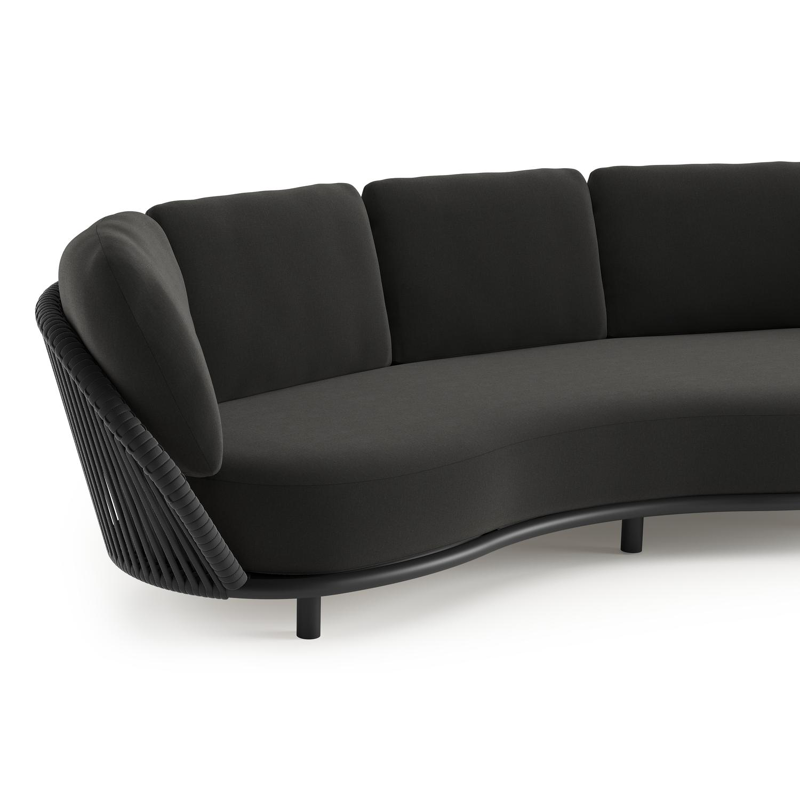 Lupino loungeset in zwart aluminium en zwart verticaal geweven luxe vlakke brede rope met natte sooty all weather sunbrella® luxe kussen