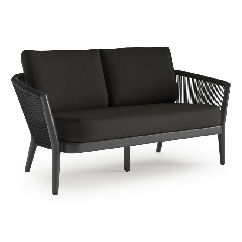 Orso loungebank in zwart aluminium en zwart verticaal geweven ronde rope met Heritage Char all weather sunbrella® luxe kussen