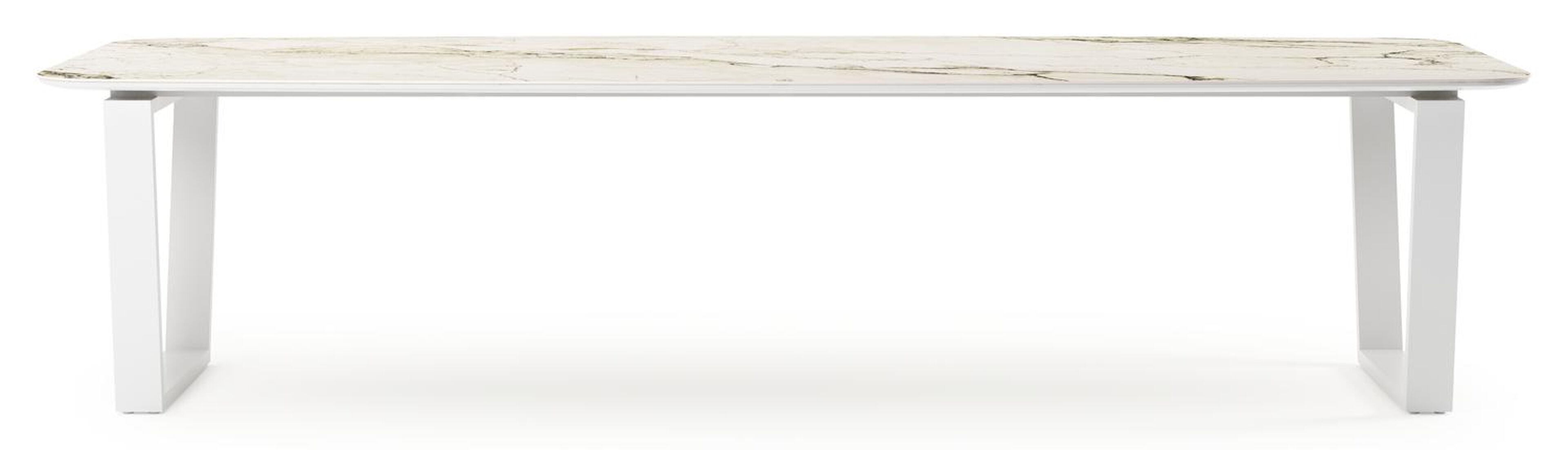 Table de jardin Pagino forme de bateau en aluminium blanc et céramique pleine colorado dunes - Lg. 315 x Lrg. 115 x Haut. 73 cm