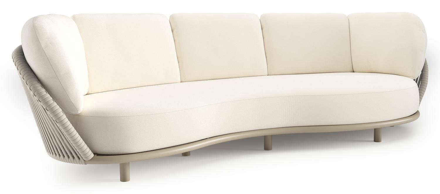 Canapé de jardin Lupino en aluminium beige et corde large plate de luxe tissée verticalement beige et coussins en all weather sunbrella® luxe natte white