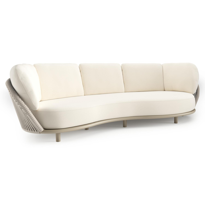 Canapé de jardin Lupino en aluminium beige et corde large plate de luxe tissée verticalement beige et coussins en all weather sunbrella® luxe natte white