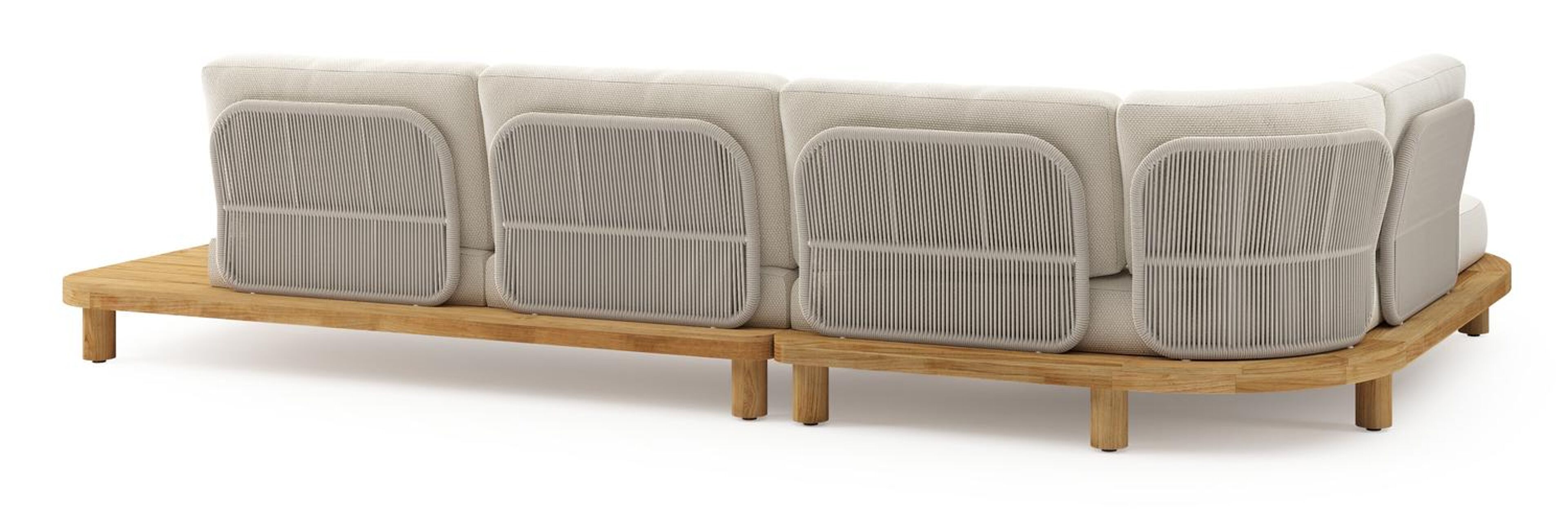 Salon de jardin d'angle Donato en teck et corde ronde tissée verticalement beige et coussins en all weather cosytica Althea Off White