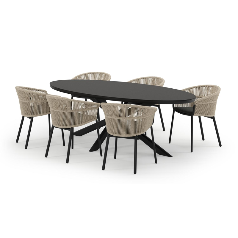 Pamplona ovale tuinset in zwart aluminium en sintered stone notte minerale met 6 Matera tuinstoelen