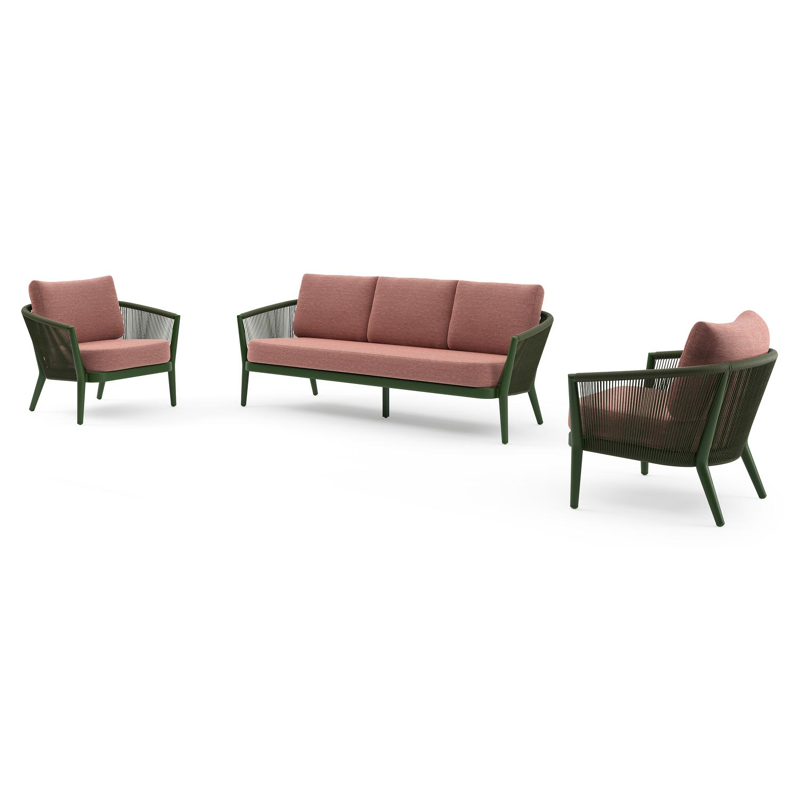 Orso loungeset in groen aluminium en groen verticaal geweven ronde rope met Slow Alezan all weather sunbrella® luxe kussen