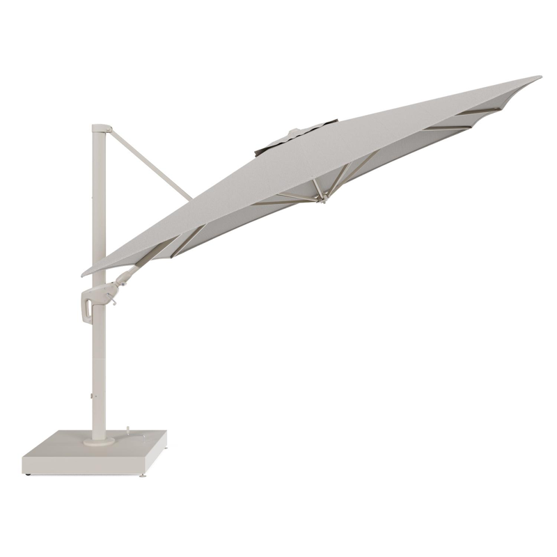 Minore zweefparasol met tiltfunctie in beige aluminium en Firenze Sand All Weather Solica parasoldoek - L1 350 x L2 350 cm met parasolvoet Minore 260 kg met wielen