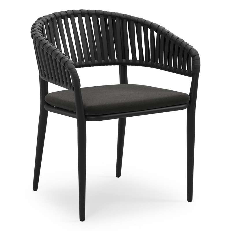 Tolfa stapelbare tuinstoel in zwart aluminium en zwart verticaal geweven luxe vlakke brede rope met stoelkussen in All Weather Sunbrella® Luxe Natte Sooty