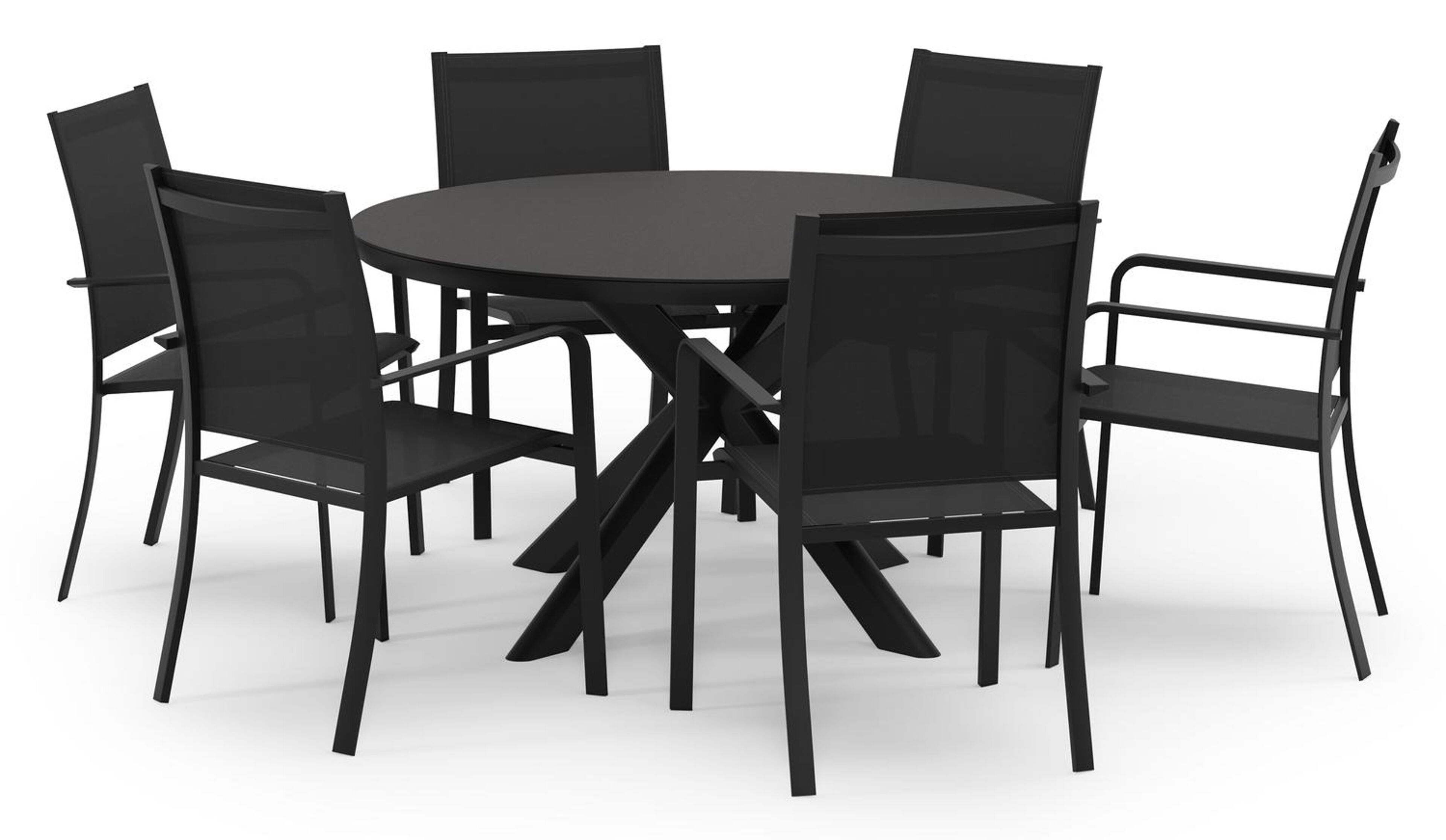Pamplona ronde tuinset in zwart aluminium en sintered stone notte minerale met 6 Calobra tuinstoelen