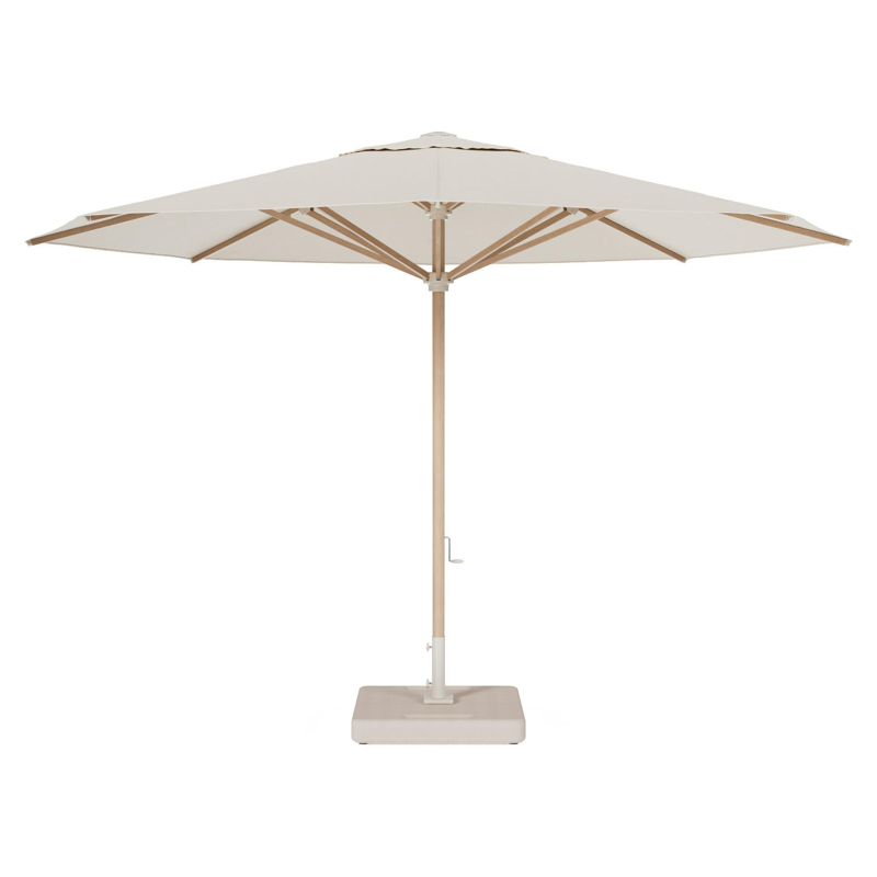 Solino staanparasol in houtlook aluminium en parasoldoek in All Weather Sunbrella® Premium Beige - Dia. 400 cm met parasolvoet Lapido 120 kg