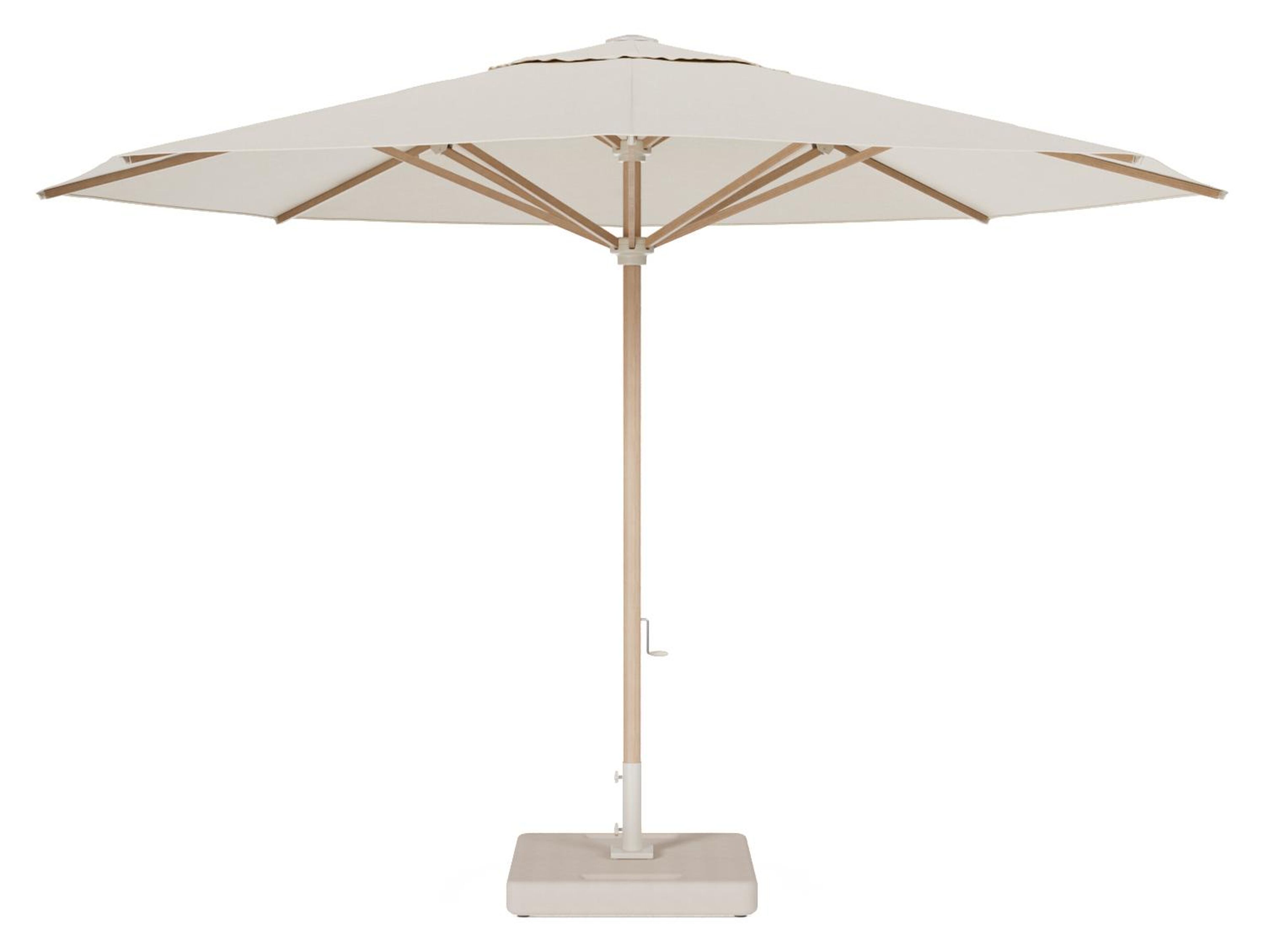 Solino staanparasol in houtlook aluminium en parasoldoek in All Weather Sunbrella® Premium Beige - Dia. 400 cm met parasolvoet Lapido 120 kg