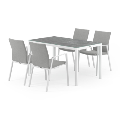 Feltro tuinset in wit aluminium en grijs keramisch glas tafelblad met 4 stapelbare Madura tuinstoelen