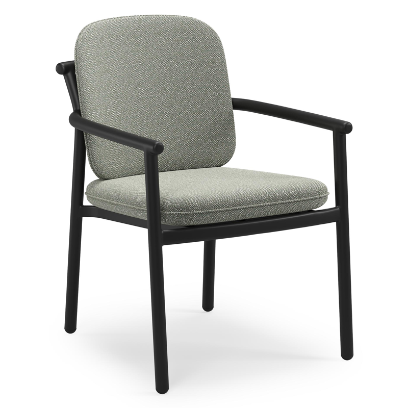 Bono stapelbare tuinstoel in zwart aluminium met stoelkussen in All Weather Sunbrella® Luxe Savane Leaf