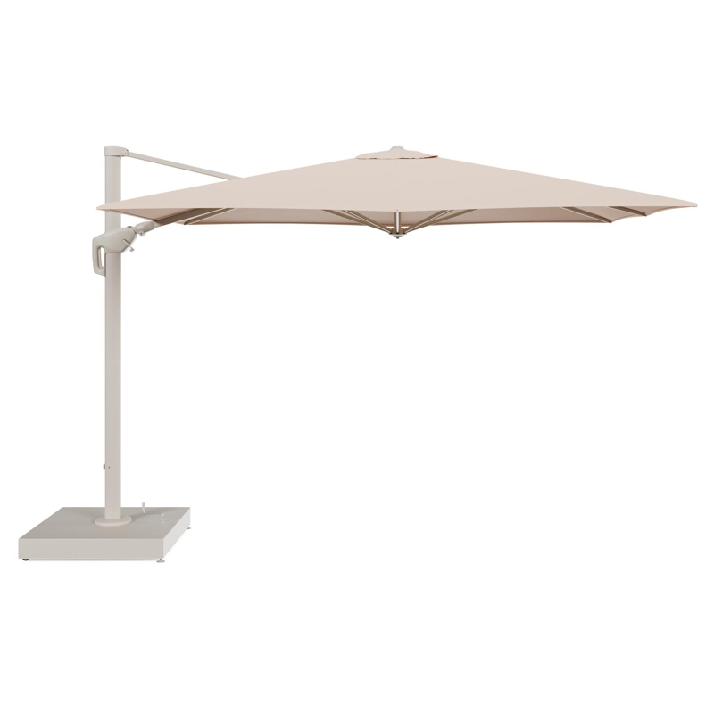 Minore zweefparasol met tiltfunctie in beige aluminium en Natte Linen Chalk All Weather Sunbrella® Luxe parasoldoek - L1 280 x L2 370 cm met parasolvoet Minore 260 kg met wielen