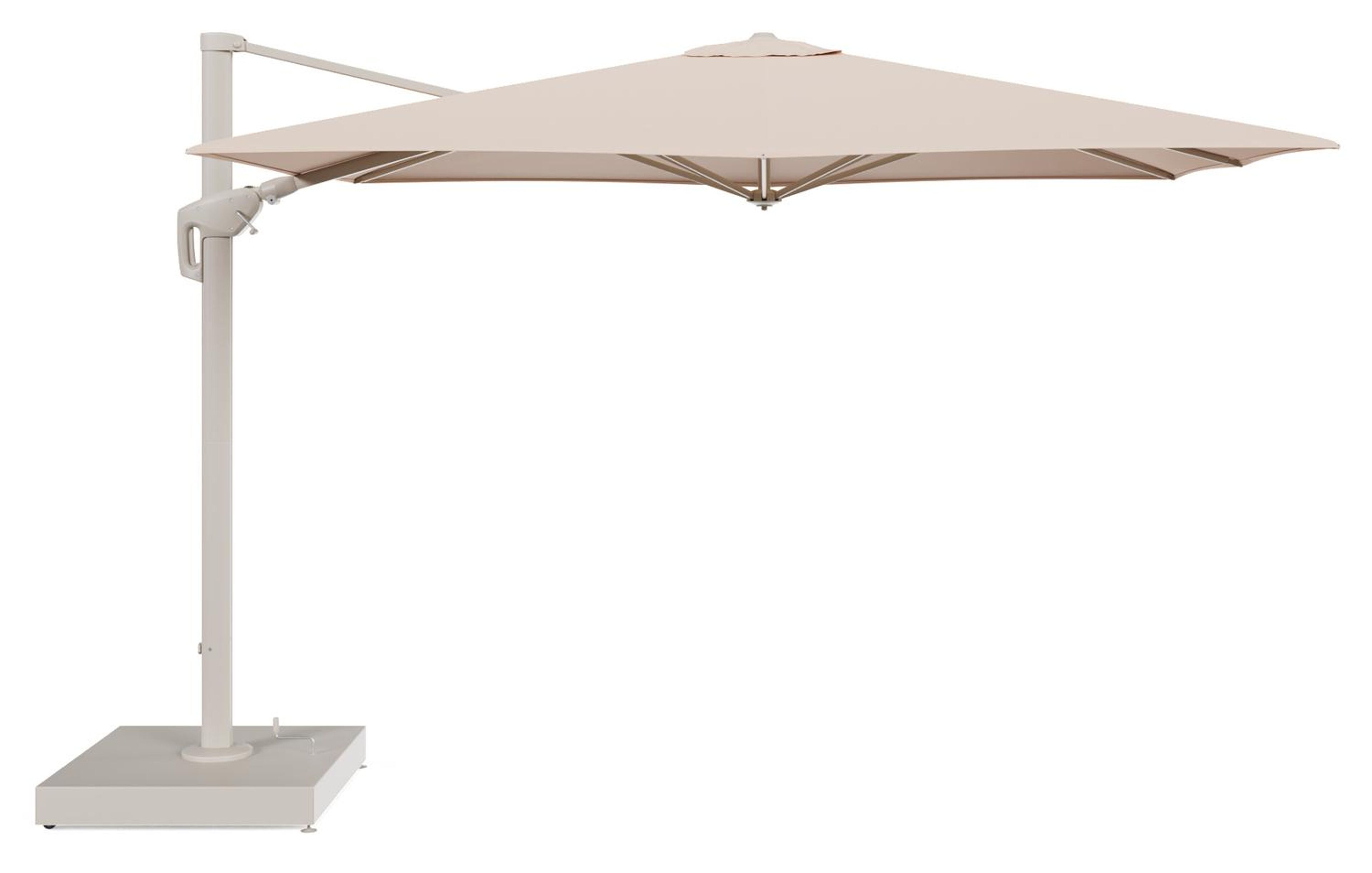 Minore zweefparasol met tiltfunctie in beige aluminium en Natte Linen Chalk All Weather Sunbrella® Luxe parasoldoek - L1 280 x L2 370 cm met parasolvoet Minore 260 kg met wielen