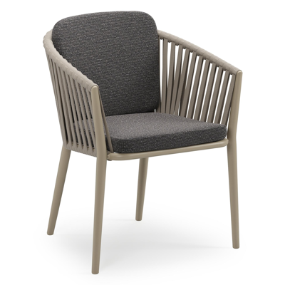 Chaise de jardin empilable Orso en aluminium beige et corde large plate de luxe tissée verticalement beige avec coussin en All Weather Solica Firenze Tunder