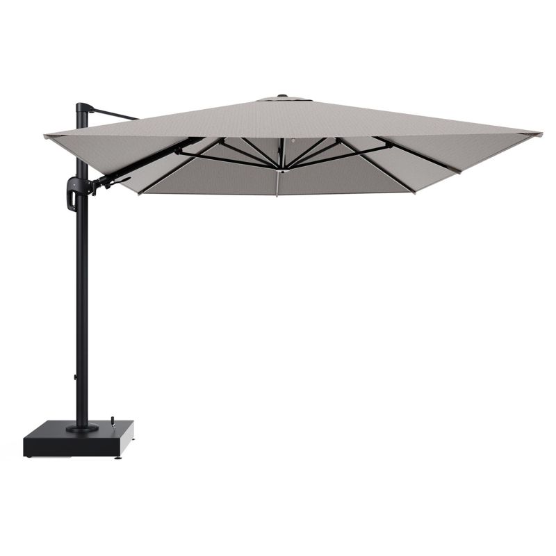 Parasol pendant Rufina avec fonction tilt en aluminium noir et toile de parasol All Weather Sunbrella® Luxe Wander Granite - Lg.1 400 x Lg.2 300 cm avec pied de parasol Minore 150 kg avec roulettes