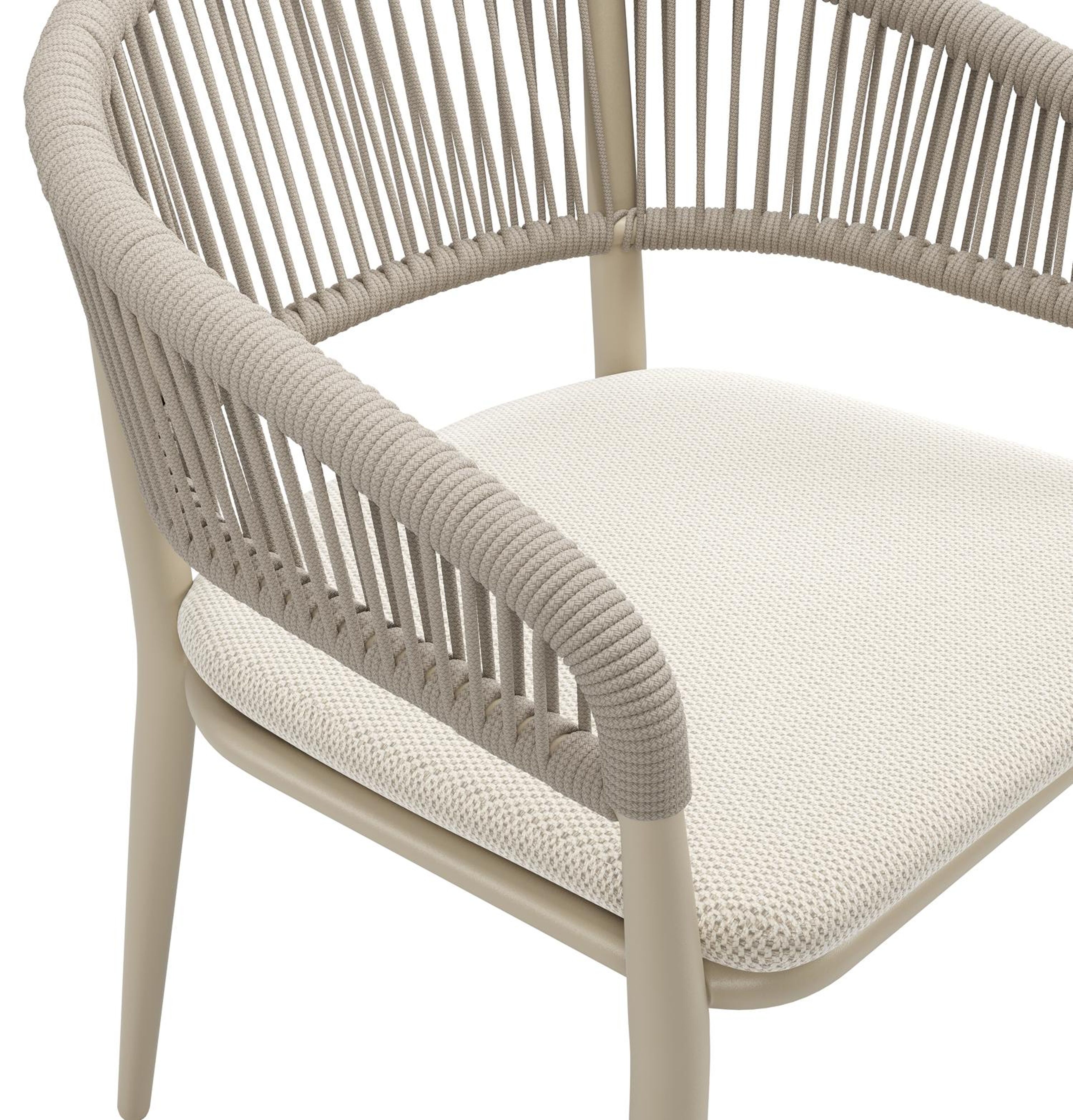 Tolfa stapelbare tuinstoel in beige aluminium en beige verticaal geweven ronde rope met stoelkussen in All Weather Sunbrella® Luxe Lopi Marble