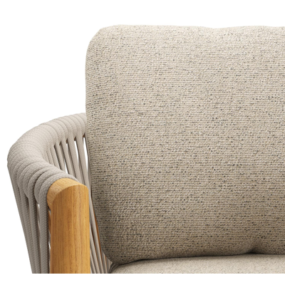 Organo tuinstoel in beige teak en beige verticaal geweven luxe vlakke rope met kussen in All Weather Cosytica Marbella Beige