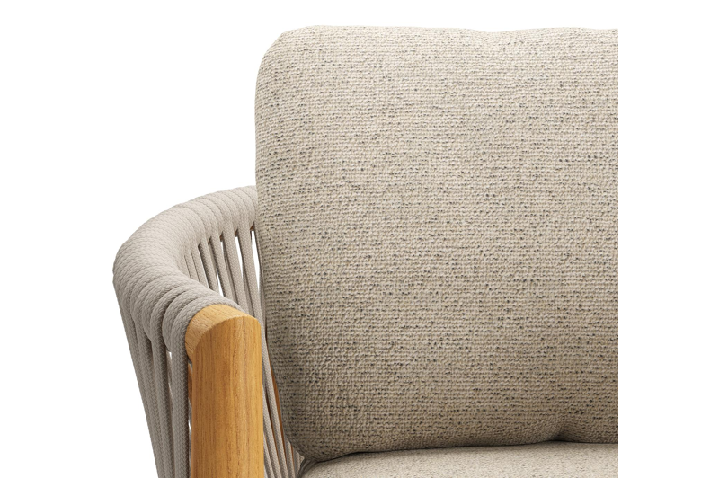 Organo tuinstoel in beige teak en beige verticaal geweven luxe vlakke rope met kussen in All Weather Cosytica Marbella Beige