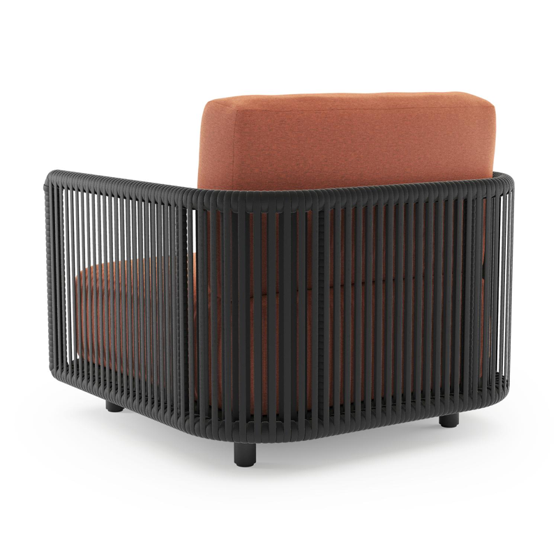 Organo loungestoel in zwart aluminium en zwart verticaal geweven luxe vlakke rope met heritage rust all weather Sunbrella® luxe kussen