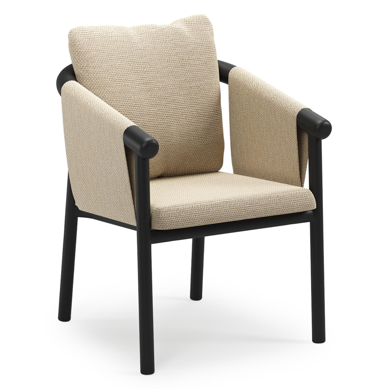 Amico stapelbare tuinstoel in zwart aluminium met stoelkussen in All Weather Cosytica Althea Camel