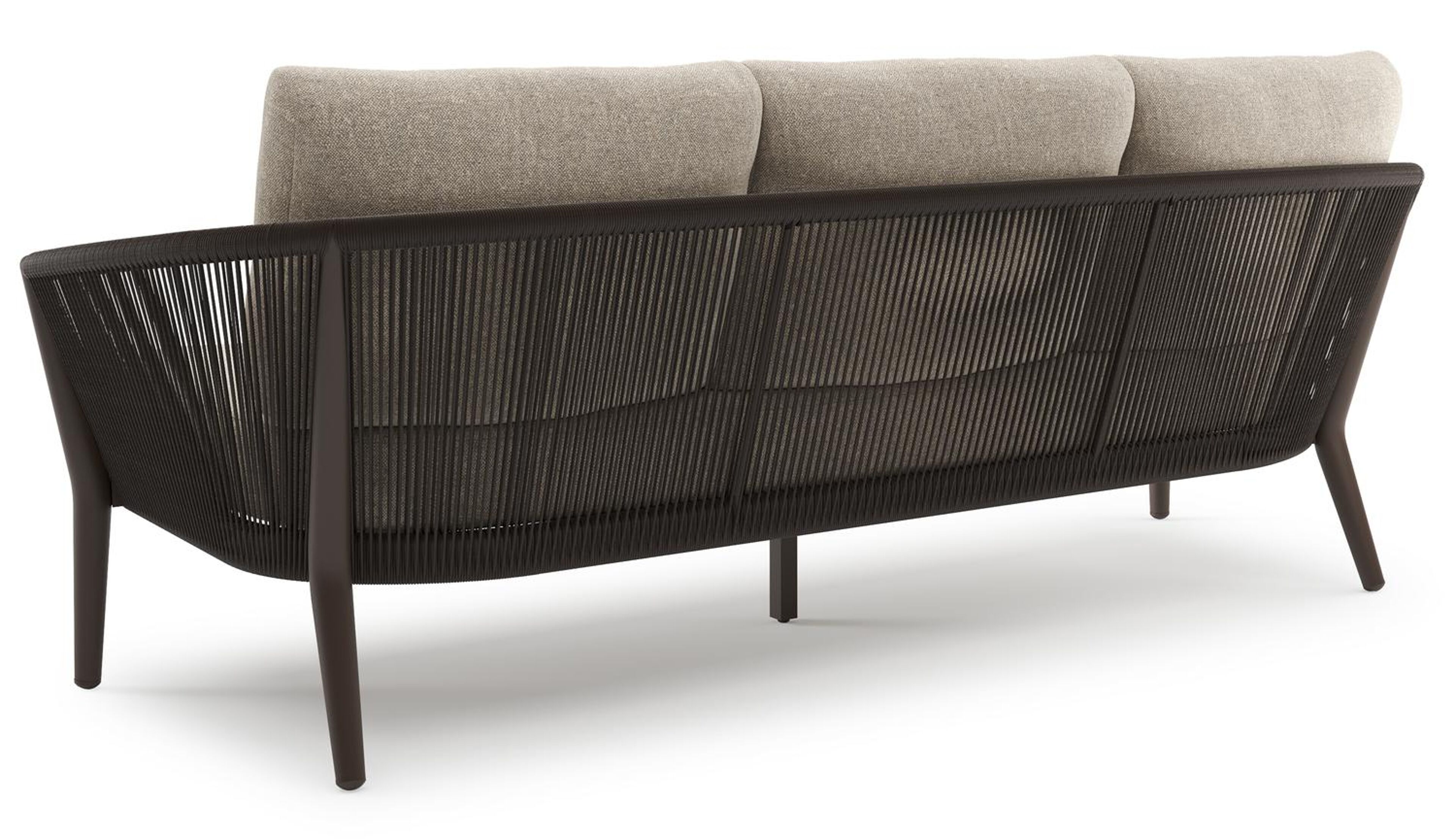 Canapé de jardin Orso en aluminium brun foncé en corde ronde tissée verticalement brun foncé et coussins en all weather sunbrella® luxe Chartres Pewter