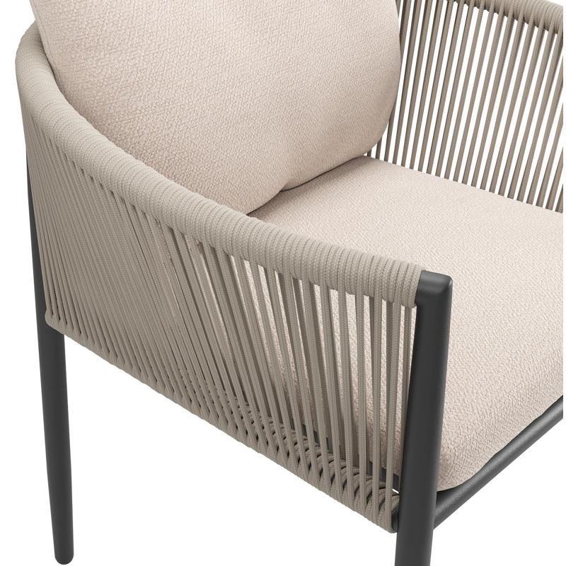 Organo tuinstoel in zwart aluminium en zwart verticaal geweven ronde rope met stoelkussen in All Weather Sunbrella® Luxe Wander Pilat