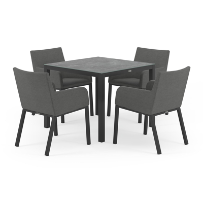 Feltro tuinset in zwart aluminium en grijs keramisch glas tafelblad met 4 Rivo tuinstoelen