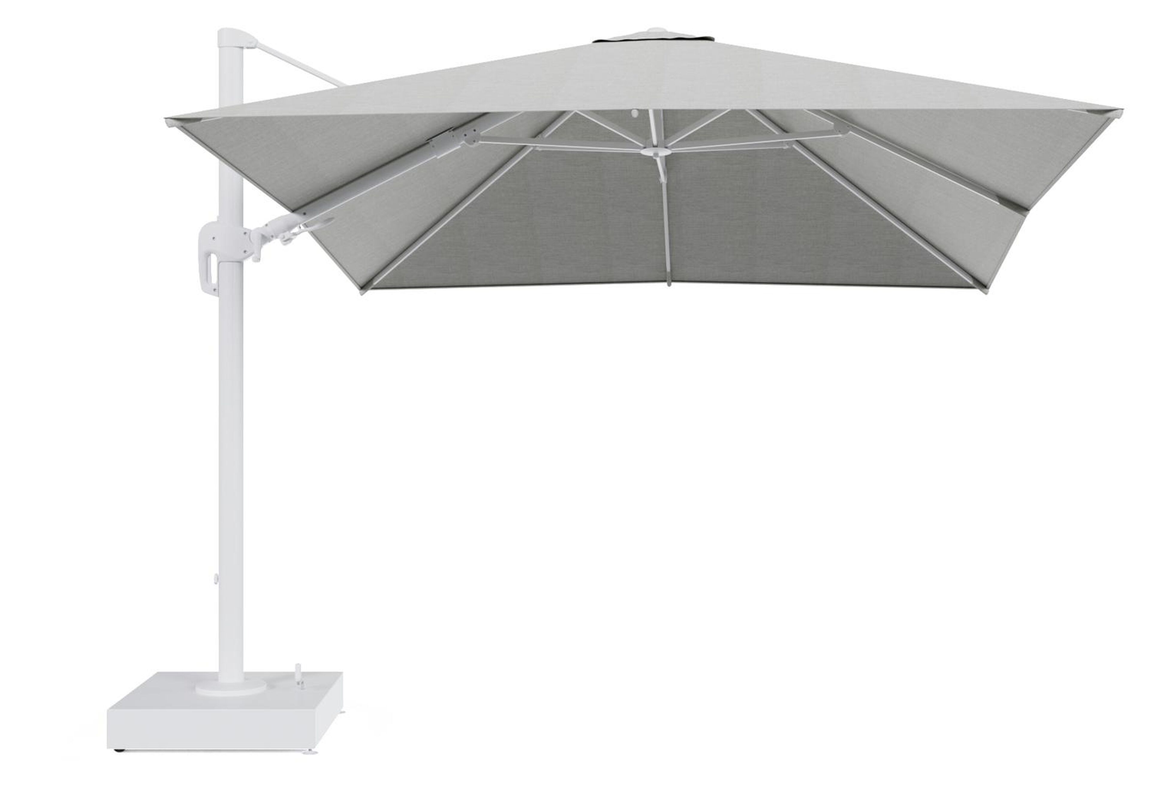 Rufina zweefparasol met tiltfunctie in wit aluminium en grijs All Weather Sunbrella® Premium parasoldoek - L1 300 x L2 300 cm met parasolvoet Minore 150 kg met wielen
