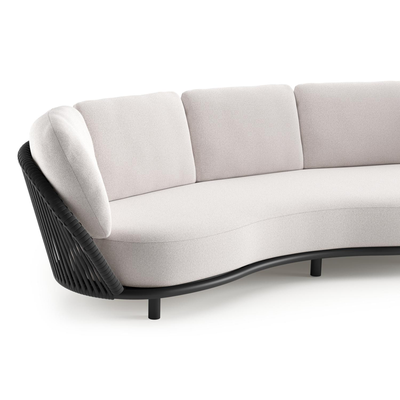 Lupino loungebank in zwart aluminium en zwart verticaal geweven luxe vlakke brede rope met ego eggshell all weather solica kussen