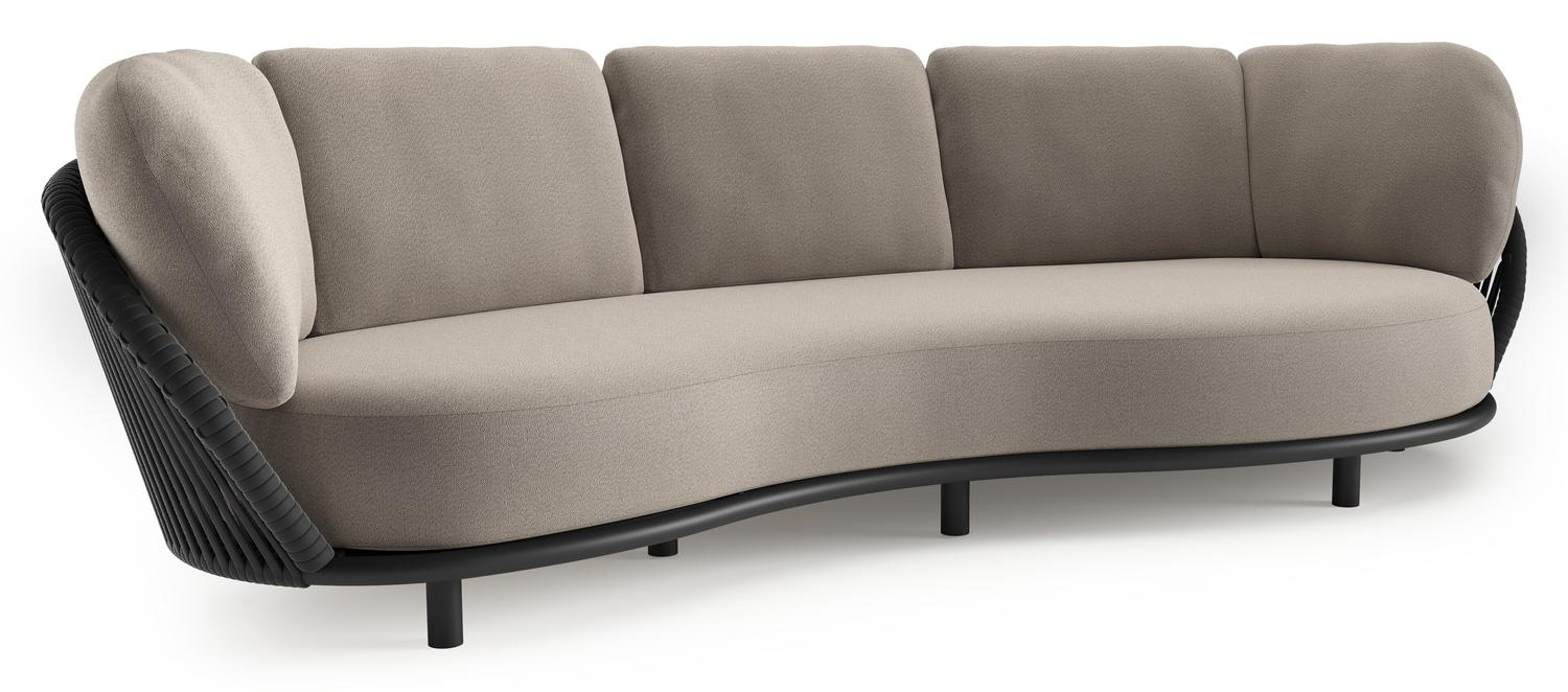 Lupino loungebank in zwart aluminium en zwart verticaal geweven luxe vlakke brede rope met savane coconut all weather sunbrella® luxe kussen