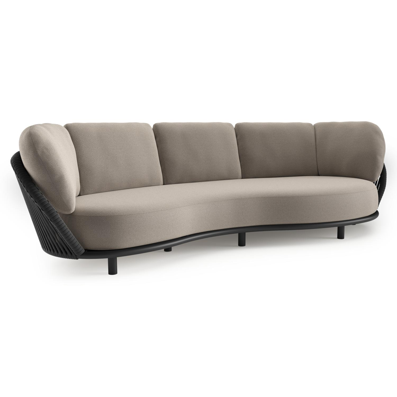 Lupino loungebank in zwart aluminium en zwart verticaal geweven luxe vlakke brede rope met savane coconut all weather sunbrella® luxe kussen