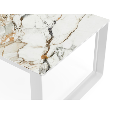 Table de jardin Atessa en aluminium blanc et céramique pleine calacatta luxe - Lg 280 x Larg. 110 x H 74,5 cm