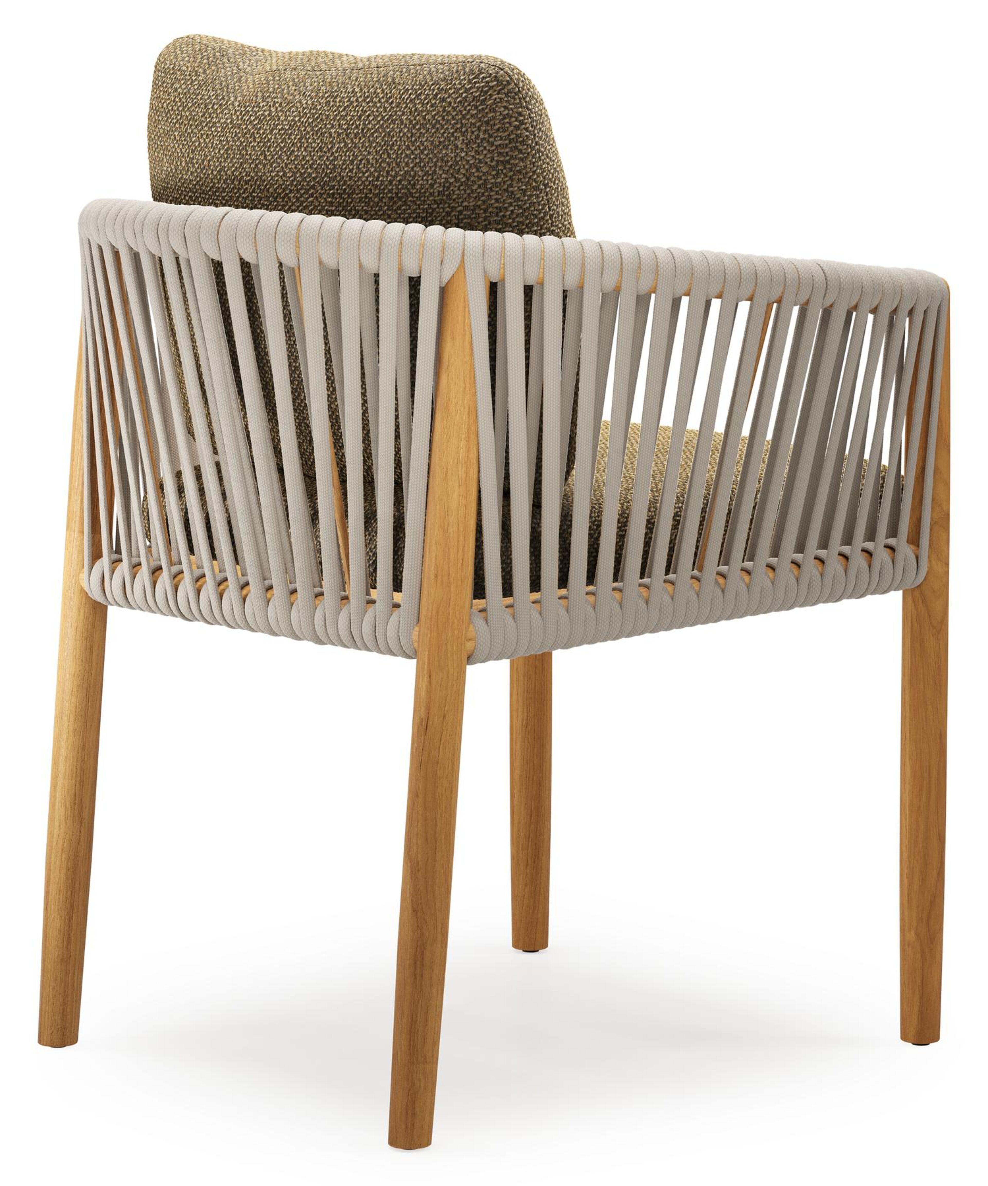 Organo tuinstoel in teak en beige verticaal geweven luxe vlakke rope met zitkussen in All Weather Cosytica Madagascar Walnut