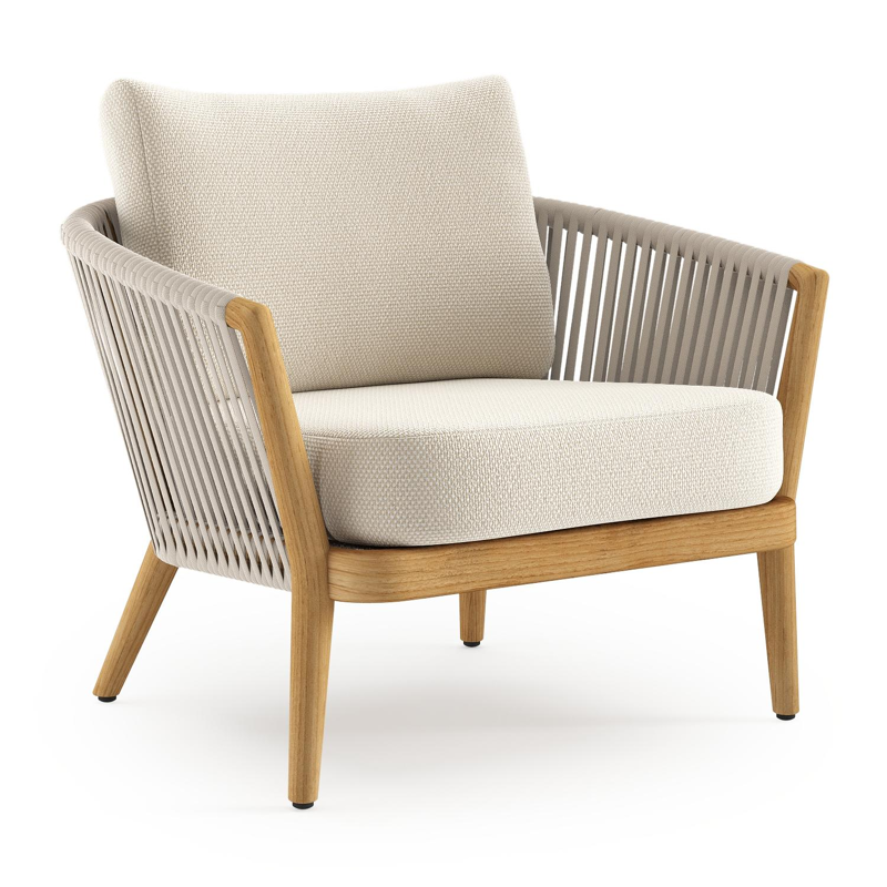 Orso loungestoel in teak en beige verticaal geweven luxe vlakke rope met Althea Off White all weather cosytica kussen
