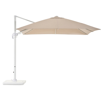 Avola zweefparasol met tiltfunctie in wit aluminium en natural Weather+ Softtouch parasoldoek - L1 300 x L2 300 cm met Pedito parasolvoet 120 kg