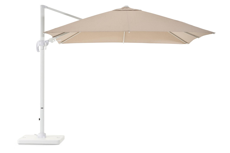 Avola zweefparasol met tiltfunctie in wit aluminium en natural Weather+ Softtouch parasoldoek - L1 300 x L2 300 cm met Pedito parasolvoet 120 kg
