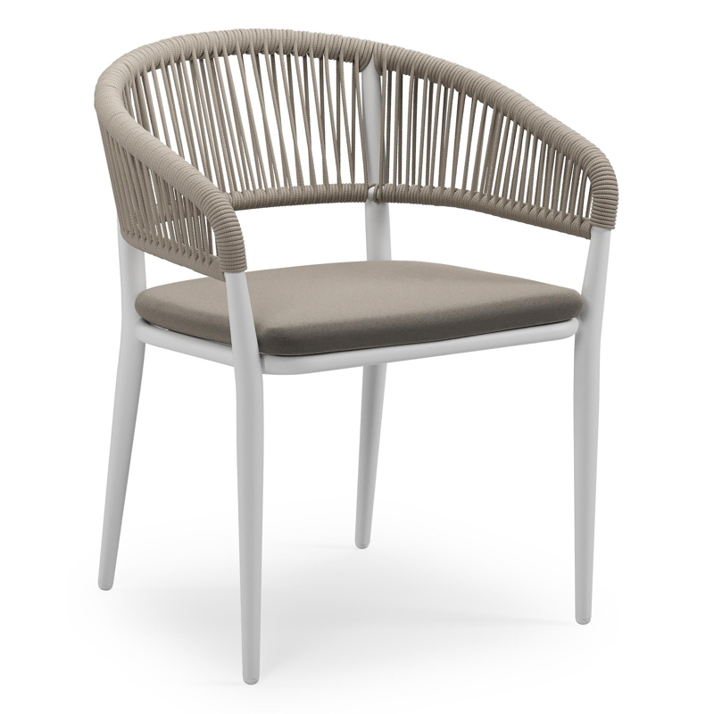 Tolfa stapelbare tuinstoel in wit aluminium en beige verticaal geweven ronde rope met stoelkussen in All Weather Sunbrella® Luxe Natte Carbon Beige