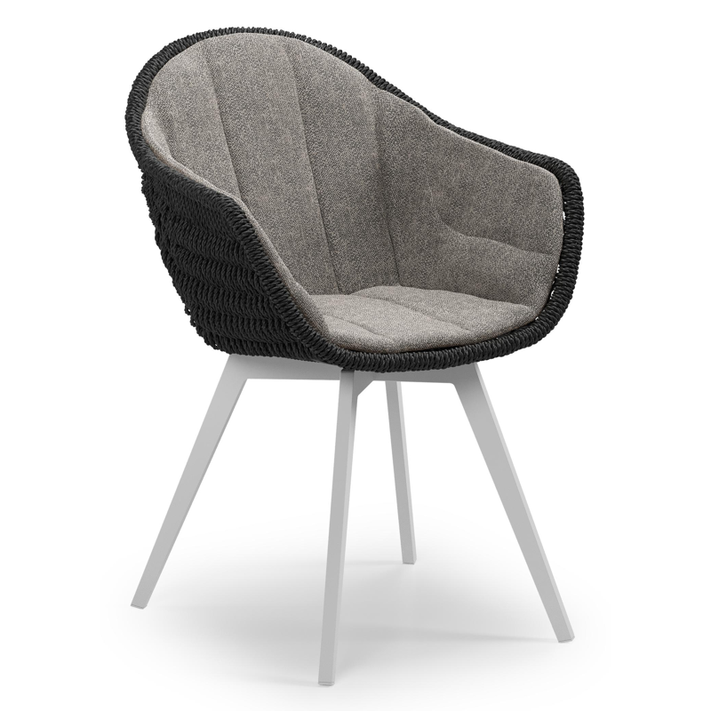 Pagino tuinstoel in wit aluminium en zwart ronde wicker met zitkussen in All Weather Sunbrella® Luxe Chartres Drizzle