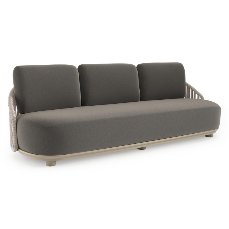 Vadelo loungebank in beige aluminium en beige verticaal geweven ronde rope met natte dark taupe all weather sunbrella® luxe kussen