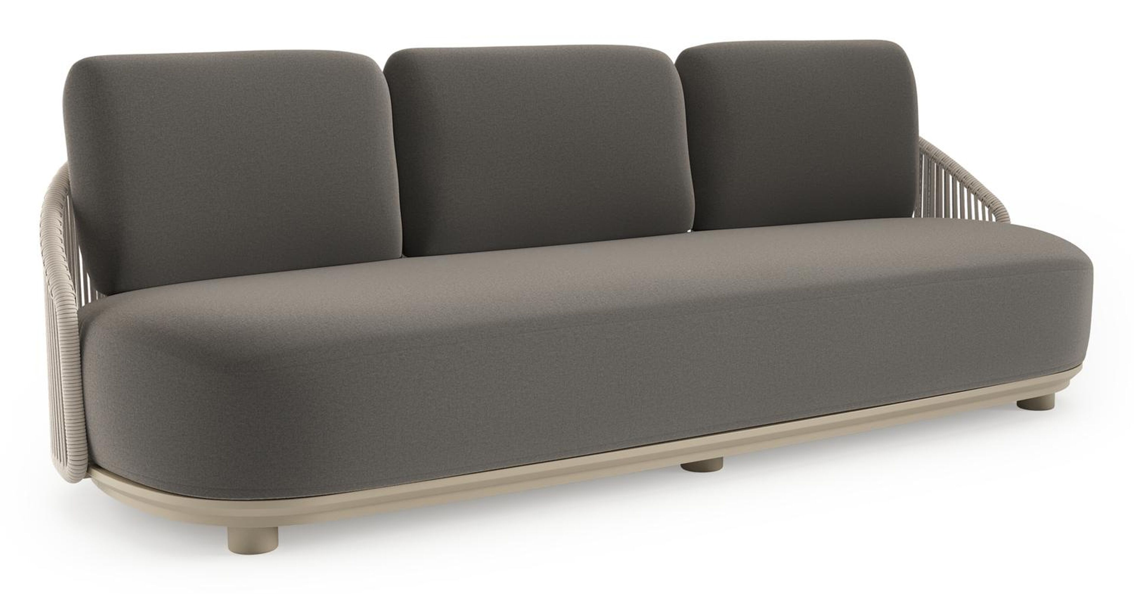 Canapé de jardin Vadelo en aluminium beige et corde ronde tissée verticalement beige et coussins en all weather sunbrella® luxe natte dark taupe