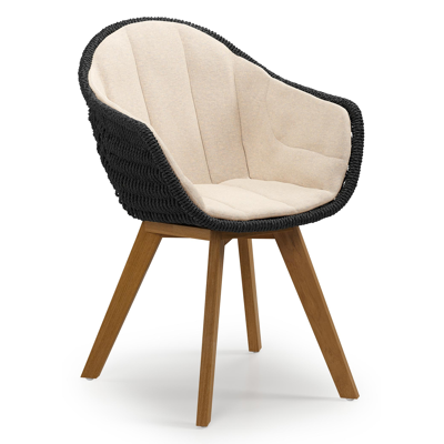 Pagino tuinstoel in teak en zwart ronde wicker met zitkussen in All Weather Sunbrella® Luxe Heritage Papyrus