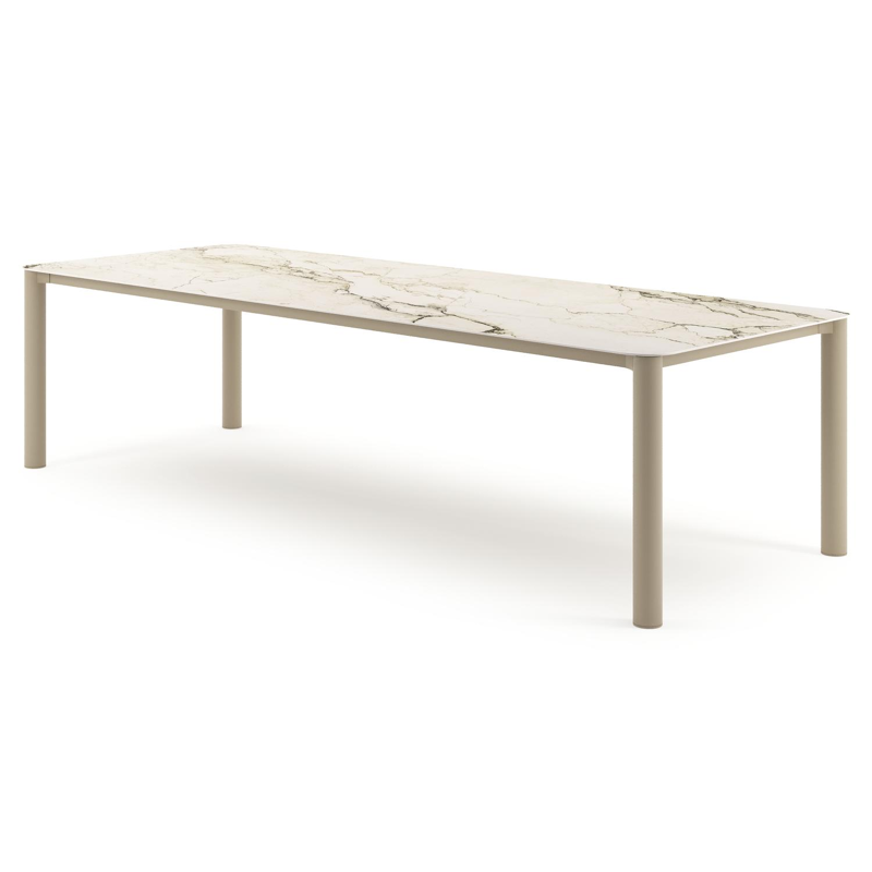 Table de jardin Orso rectangulaire arrondi en aluminium beige et céramique pleine Colorado Dunes - Lg. 290 x Lrg. 110 x Haut. 74.5 cm