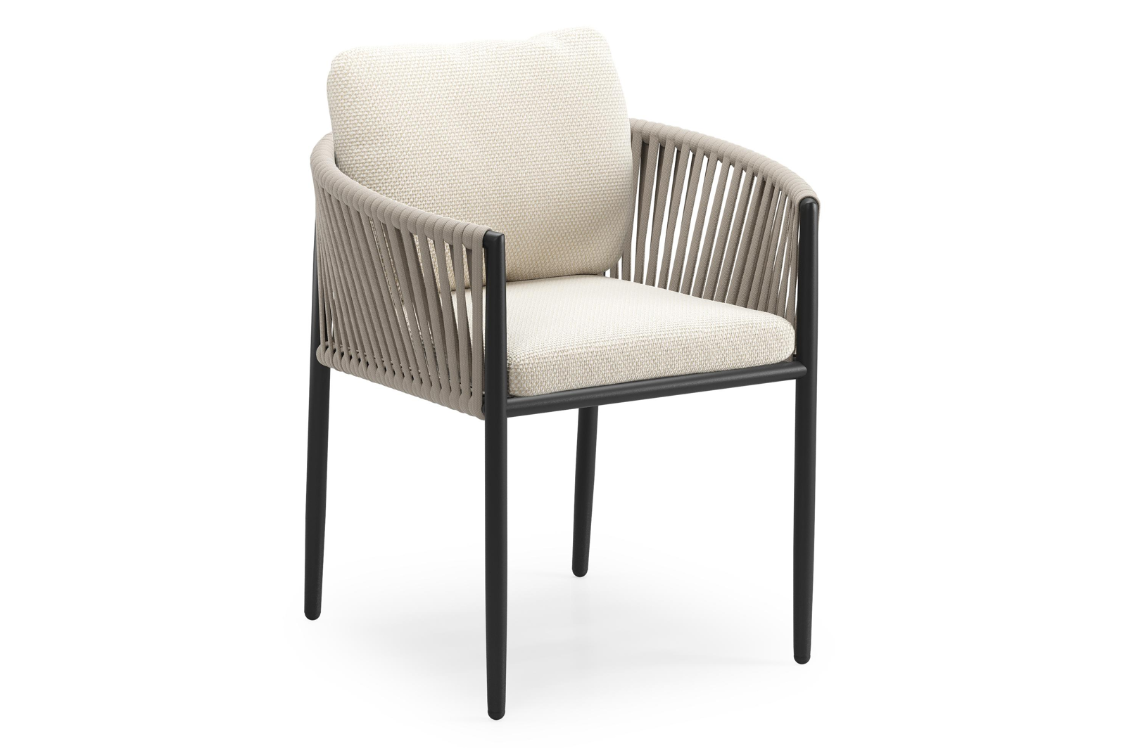 Chaise de jardin Organo en aluminium noir et corde luxe plate tissée verticalement beige avec coussin en All Weather Cosytica Althea Off White