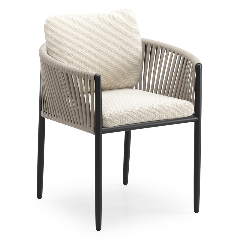 Organo tuinstoel in zwart aluminium en beige verticaal geweven luxe vlakke rope met zitkussen in All Weather Cosytica Althea Off White