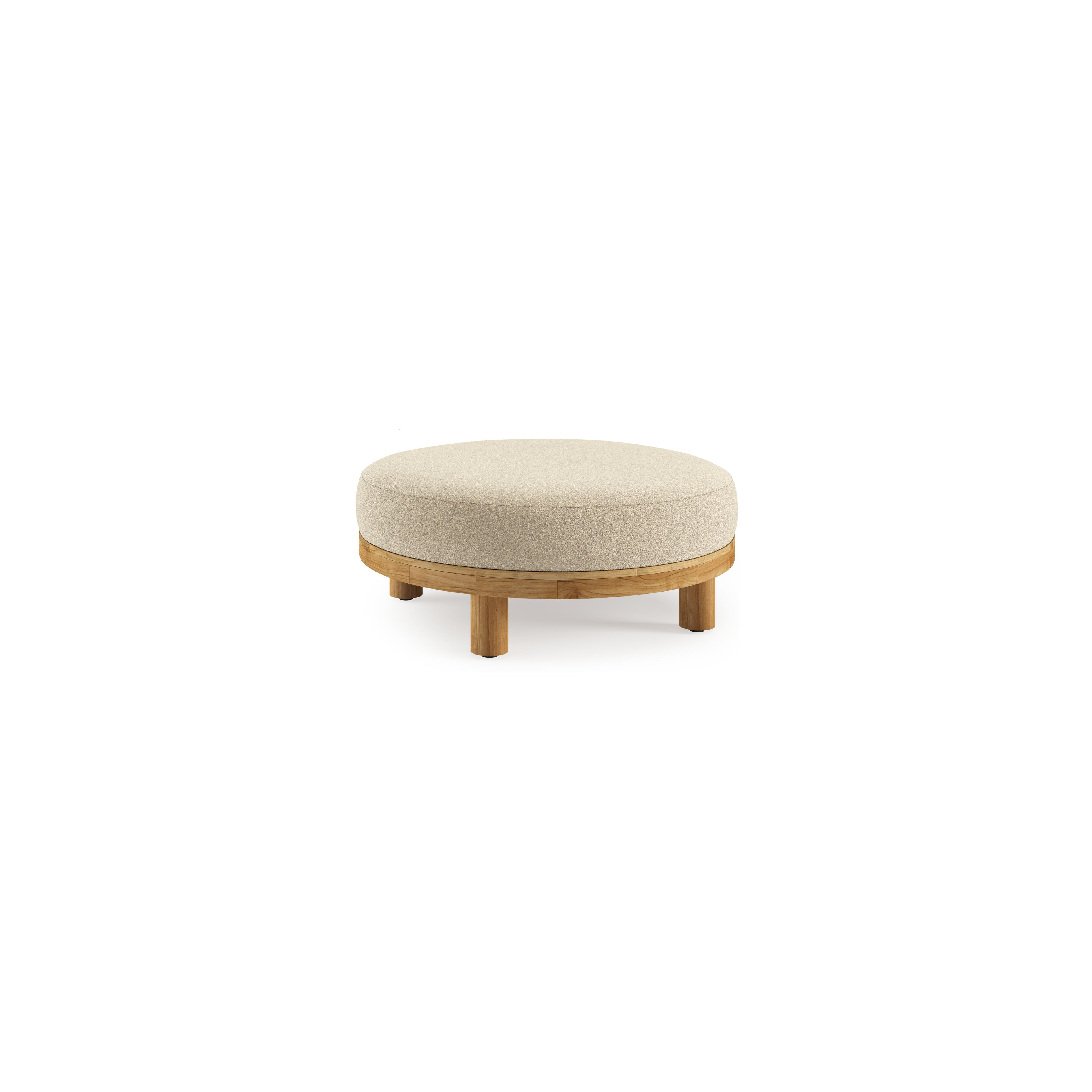 Salon de jardin pouf Donato en teck et corde ronde tissée verticalement beige et coussins en all weather solica Soul Papyrus