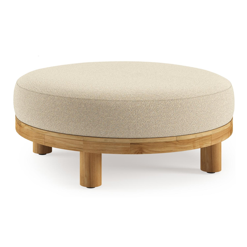 Salon de jardin pouf Donato en teck et corde ronde tissée verticalement beige et coussins en all weather solica Soul Papyrus